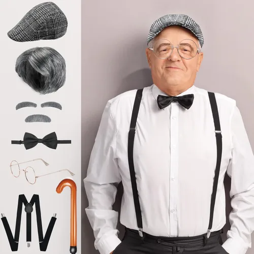 Vista 7 de Juego de 7 piezas de disfraz de anciano para abuelo, accesorios para fiestas de jubilación mayores, suministros de cosplay para adultos de los años
