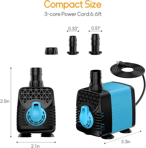Vista 2 de POPOSOAP Bomba de agua sumergible de 160 GPH, bomba de agua de acuario de elevación de 5.5 pies, 12 W CA 110 V, bomba de fuente ultra silenciosa