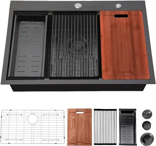 Vista 12 de Fregadero de Barra Negro Empotrable de 15x15 Pulgadas - Fregadero de Cocina Cuadrado Pequeño de Acero Inoxidable de Montaje Superior para Estación