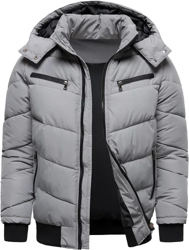 Vista 2 de HOOD CREW Abrigos de invierno para hombre, parka acolchada y a prueba de viento, chaquetas de plumón cálidas con capucha extraíble Gris