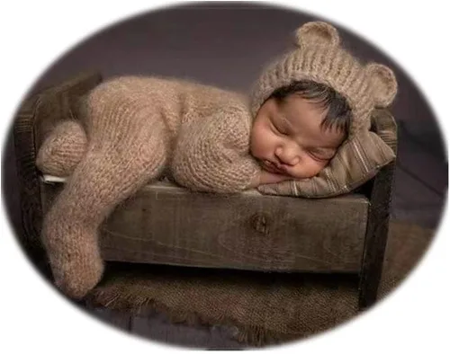 Vista 8 de Accesorios de fotografía para recién nacidos trajes para niños y niñas gorro de oso de angora y mameluco con pies conjunto de disfraz para sesión