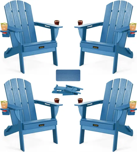 Vista 31 de Silla Adirondack Plegable, Sillas Adirondack de Plástico con Textura de Madera con 2 Portavasos, Silla para Hoguera de HDPE Resistente a