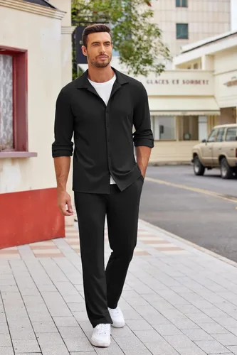 Vista 2 de COOFANDY Conjunto de 2 piezas para hombre, camisa de manga larga con botones, sin arrugas, camisas elásticas