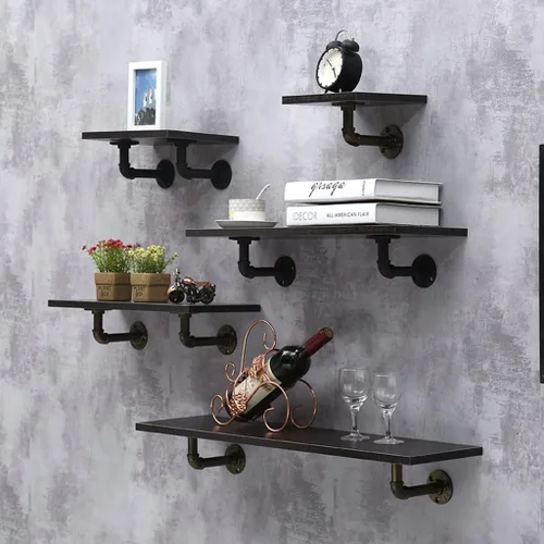 Vista 2 de Juego de 3 estantes flotantes para montar en la pared, estantes industriales para decoración de pared, color negro, estante de pared de madera