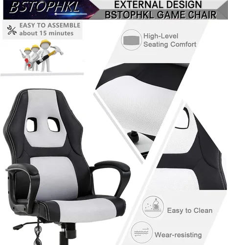 Vista 8 de Silla para videojuegos, silla de oficina de masaje, sillas ergonómicas de videojuegos, silla de computadora reclinable ajustable con soporte lumbar