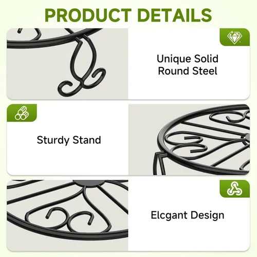 Vista 4 de Paquete de 3 soportes para plantas de hierro forjado para uso en exteriores e interiores, soporte de metal resistente a la corrosión, base negra