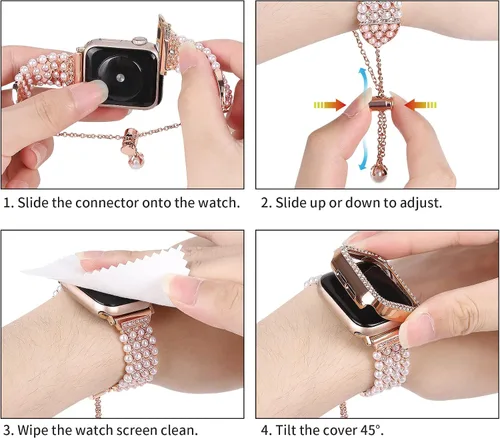 Vista 7 de Joyozy Pulsera de perlas brillantes de 1.772 pulgadas y funda compatible con Apple Watch series 9, 8, 7, para mujer, con diamantes brillantes