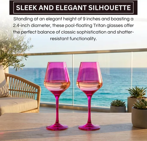 Vista 3 de Copas de vino de color rosa intenso irrompibles, flotantes para piscina, juego de 2 unidades, vasos Tritan, color magenta irrompible y rosa rubor