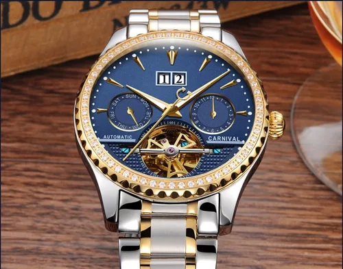 Vista 4 de CARNIVAL Relojes automáticos impermeables automáticos de oro completo de zafiro con calendario multifunción para hombre tourbillon