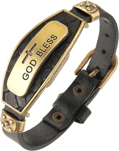 Vista 5 de STWTR Pulsera de cuero de aleación punk para hombre, pulsera de personalidad de moda ajustable negra (Dios me bendiga)
