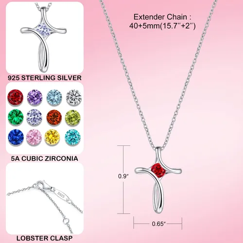 Vista 4 de NINAMAID Cross Necklace for Women, 925 Sterling Silver Birthstone Necklace for Women with Diamond Sideways Cross Necklace Birthstone Jewelry