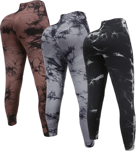 Vista 2 de OVESPORT Paquete de 3 leggings de entrenamiento de cintura alta sin costuras con teñido anudado para mujer, pantalones deportivos para yoga