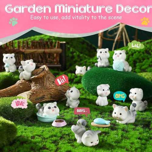 Vista 4 de 14 figuras de gato, lindas figuras en miniatura, decoración de tartas de gato, paisaje de musgo, resina impermeable, gatito, jardín, terrario en Gris