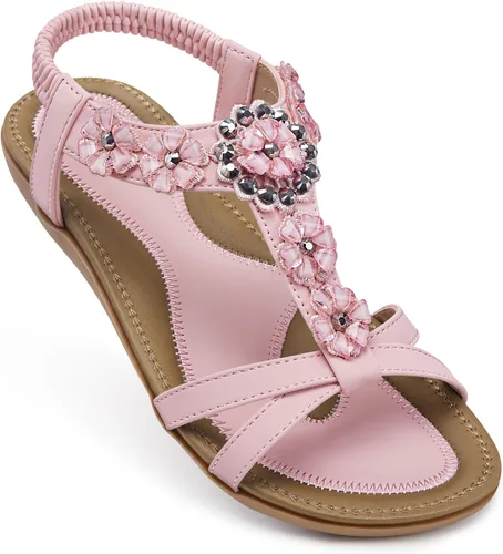 Vista 2 de SHIBEVER - Sandalias planas para mujer, lindas y cómodas, con correa de tobillo, estilo bohemio, elegante, zapatos planos de verano
