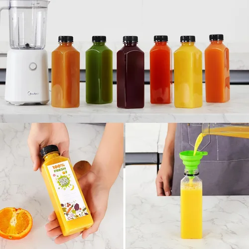 Vista 4 de The Buyer Choice - 144 recipientes de jugo de plástico de 16 onzas con tapas, botellas de jugo reutilizables a granel para jugo con tapas negras a