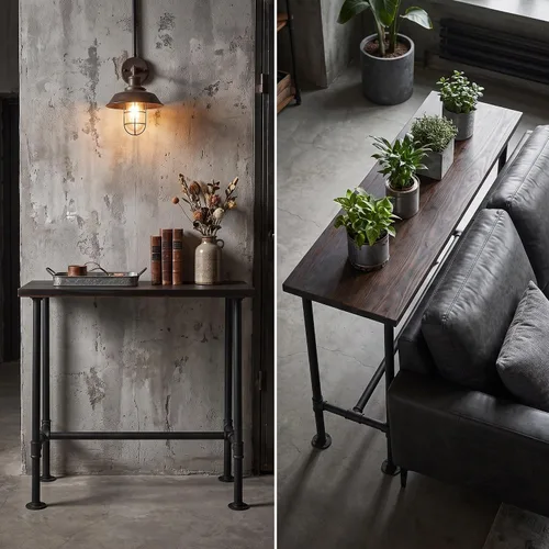 Vista 9 de Mesa de comedor de tubería de diseño industrial DIY, mesa de comedor informal para bar, mesa para computadora portátil, estudio moderno, mesa