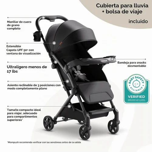Vista 2 de Mompush Lithe V2 - Cochecito de viaje ligero, compacto y plegable con bolsa de viaje, cochecito plegable con una sola mano, bandeja para aperitivos
