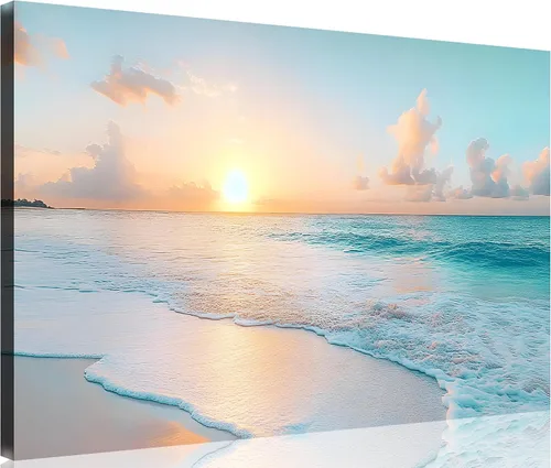 Vista 63 de TutuBeer 3 paneles de fotos de playa, arte de pared, diseño de mar azul, playa blanca al amanecer, imágenes impresas en lienzo, imágenes del océano