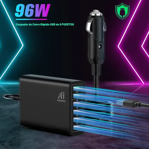 Vista 2 de Cargador de coche USB de múltiples puertos, 96W 6 puertos QC3.0 adaptador rápido múltiples puertos, con cuatro puertos de carga rápida 3.0