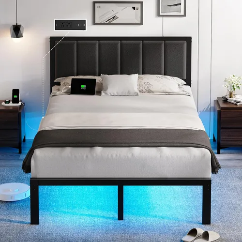 Vista 9 de OLEVS Base de cama individual con cabecero, plataforma de metal, tamaño individual, con estación de carga USB y luces LED, no necesita somier