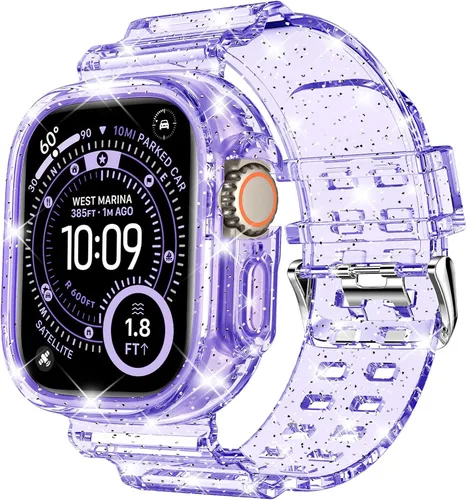 Vista 27 de DABAOZA - Correa transparente compatible con Apple Watch de 1.772 in y 1.732 in, con purpurina transparente Women Men,Glitter Bling TPU