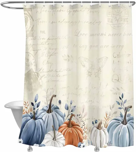 Vista 11 de Cortina de ducha de calabaza azul para baño, calabazas blancas, hojas verdes, cortinas de baño con ganchos, tela de poliéster impermeable, cortinas