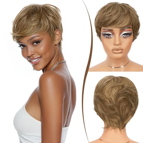 Vista 14 de RUWISS Peluca de cabello humano con corte Pixie, peluca de cabello humano con flequillo, peluca negra corta natural en capas, ondulada