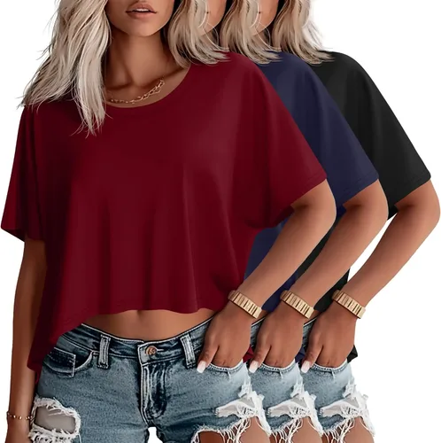 Vista 6 de Huukeay Paquete de 3 camisetas recortadas de gran tamaño para mujer, manga corta, holgadas, cuello redondo, holgadas, para entrenamiento