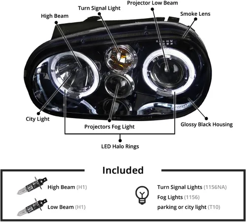 Vista 4 de SPEC-D TUNING Faros delanteros con halo doble negro ahumado Compatible con 1999-2006 Volkswagen Golf, Golf GTI VW MK4 Ensamble de faros delanteros