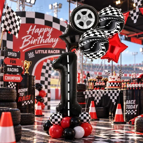 Vista 3 de Paquete de 7 globos con número 1 de 40 pulgadas para decoración de primer Negro 1