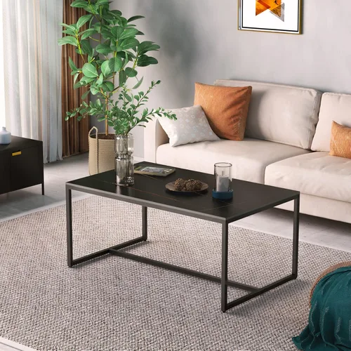 Vista 8 de Wisfor Mesa de centro de piedra sinterizada: mesa central de sofá negro con marco de metal negro - Mesa rectangular de decoración de muebles