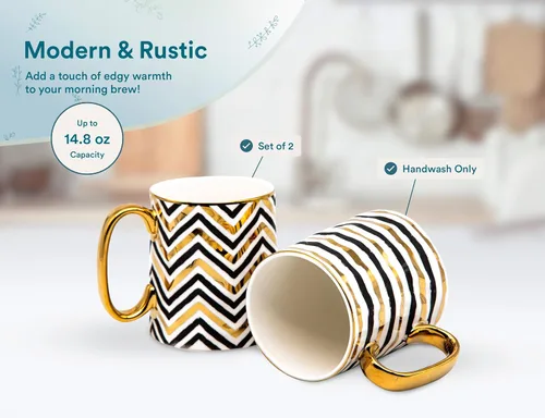 Vista 6 de KooK Tazas de café, juego de tazas de café, tazas negras y doradas, porcelana, tazas de té con asas, diseño geométrico con detalles dorados Curved