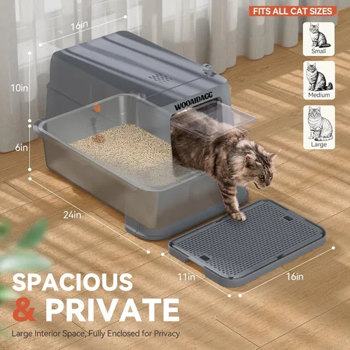 Vista 3 de Wooaidagg - Caja de arena cerrada de acero inoxidable para gatos con control de olores, diseño modular con cajón y puerta abatible, fácil de limpiar