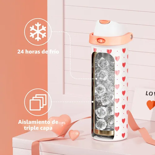 Vista 3 de Botella de agua de 24 onzas para el día de San Valentín: Botella de agua de acero inoxidable Meoky con popote y tapa de boquilla, a prueba de fugas