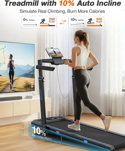 Vista 3 de WELLFIT Cinta de correr con inclinación automática, cintas de correr plegables 4 en 1 para el hogar con altura ajustable, cinta de correr silenciosa
