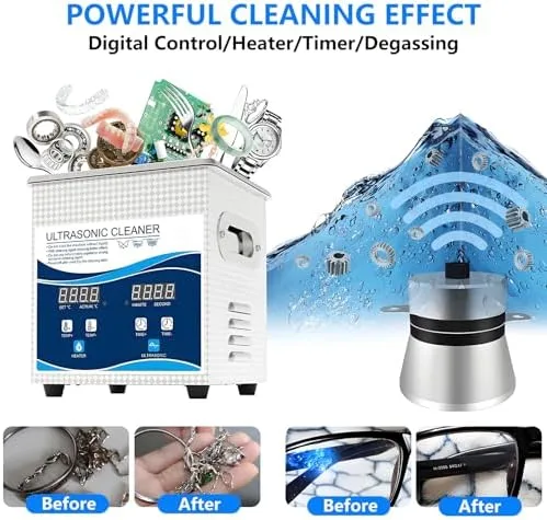 Vista 3 de Limpiador ultrasónico profesional de acero inoxidable de 1.3L con temporizador digital y calentador - Máquina de limpieza de joyas de alta