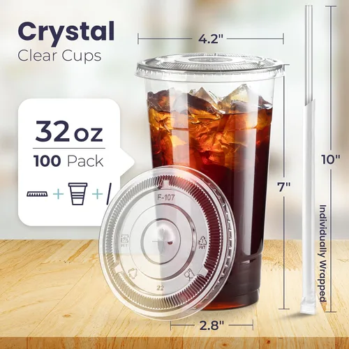 Vista 2 de Fit Meal Prep Paquete de 100 unidades de 32 onzas de vasos de plástico para café helado con tapas planas y pajitas transparentes, vasos desechables