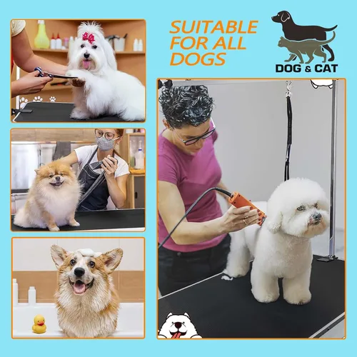 Vista 5 de Mesa profesional de aseo para perros y mascotas, ajustable, resistente, portátil, con brazo y lazo y bandeja de malla (42 pulgadas, azul)
