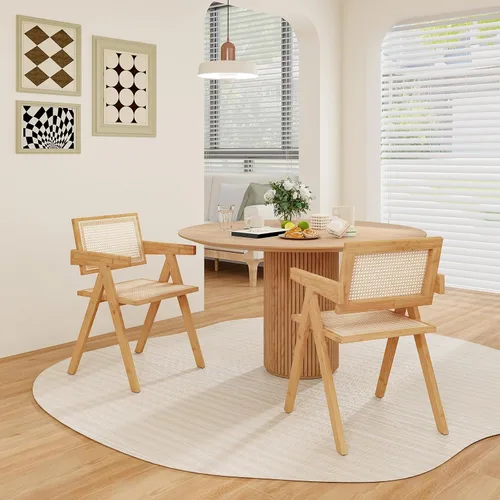 Vista 2 de Giantex Juego de 2 sillas de comedor de caña bohemia, carga máxima de 330 libras, sillas de comedor de madera, sillón de bambú para sala de estar