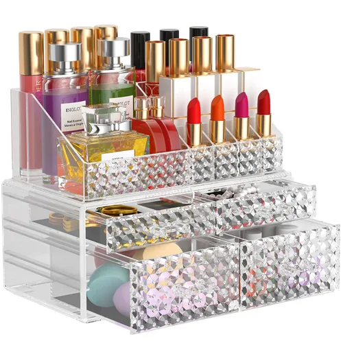 Vista 11 de Paquete de 3 organizadores de maquillaje apilables [actualizados], estuches de almacenamiento de cosméticos acrílicos con 8 cajones organizadores