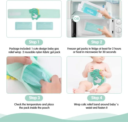 Vista 6 de Hilph Alivio de cólicos, gases y malestar estomacal para bebés, calentador térmico con 2 paquetes de gel para recién nacidos y bebés, cinturón