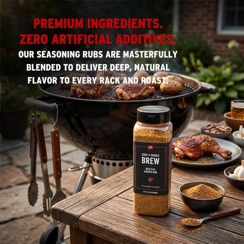 Vista 5 de PS Seasoning Cock-A-Doodle Brew - Condimento y Rub para Pollo en Lata de Cerveza para Ahumado y Asado - Mezcla seca de Ajo, Paprika, Ale de Miel
