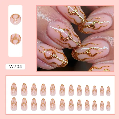 Vista 4 de TBRZTR Uñas postizas cortas ovaladas a presión de almendra, uñas postizas acrílicas artificiales con diseños de llama dorada, 24 piezas de cobertura