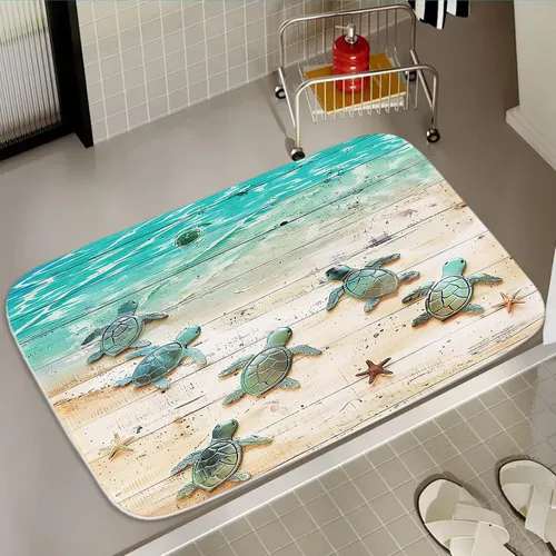 Vista 28 de Alfombra de baño de terciopelo coral con diseño náutico de tortugas marinas, animales de playa, tapete de ducha antideslizante para baño de océano