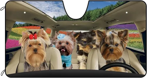 Vista 19 de Parasol para parabrisas delantero de automóvil para perro, caniche de almendra, hermosas flores, decoración para vehículo, reflector de rayos UV