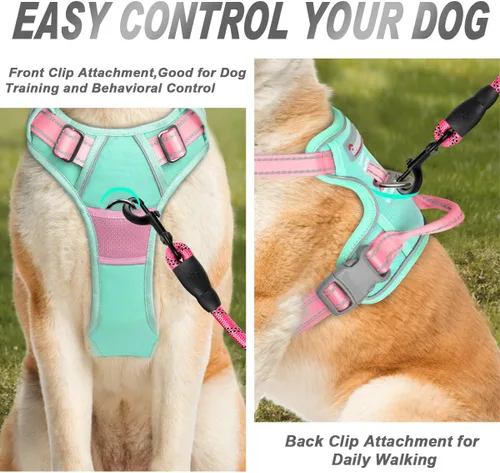 Vista 26 de BARKBAY - Arnés para perro sin tirones con clip frontal, material resistente y reflectante, asa de fácil control para pasear perros grandes
