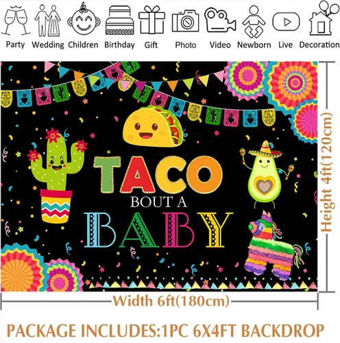 Vista 3 de Avezano Taco Bout a Baby - Telón de fondo de fiesta mexicana de 6 x 4 pies, fondo de fiesta de baby shower, México, anuncio de embarazadas, género