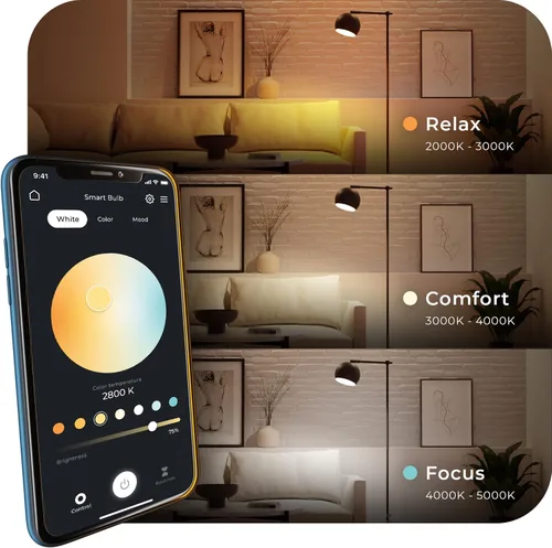 Vista 5 de Bombilla LED Wi-Fi inteligente GLOBE Electric de 10W, RGB multicolor + blanco ajustable 2000K–5000K, forma A19, base E26, control por aplicación +