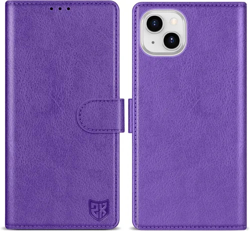 Vista 14 de ZZXX Funda tipo cartera para iPhone 14 Plus con bloqueo RFID, ranura para tarjetas, función atril, cierre magnético, funda protectora de cuero Negro