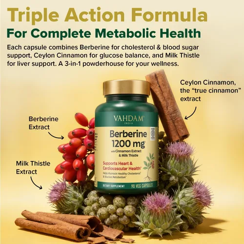 Vista 2 de VAHDAM Berberina 97% HCL 1200mg Extracto con canela y cardo mariano Apoya la salud del corazón y ayuda a mantener un metabolismo saludable